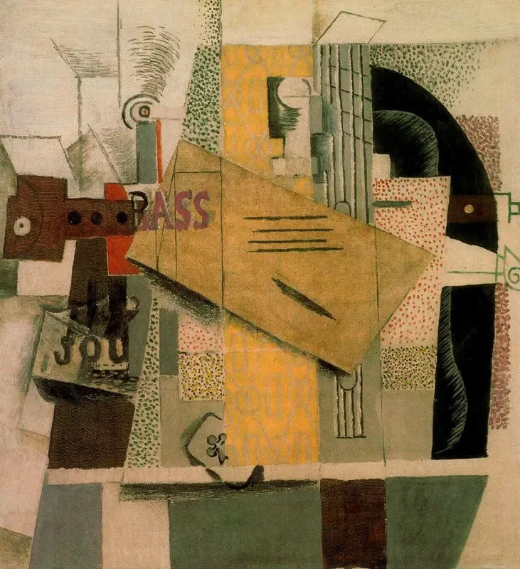 Bottiglia di basso, clarinetto, chitarra, violino, giornale, asso di fiori, 1913